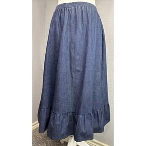 VTG Long Blue Denim Midi Length Skirt Frill Elastic Waist Western Boho Sz Small